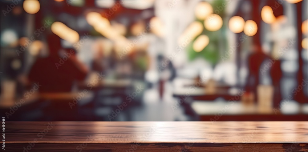 Cozy coffee shop ambience. Blurred interior. Retro restaurant vibes. Vintage empty wooden table background. Abstract business setup. Blurry wood and top lighting