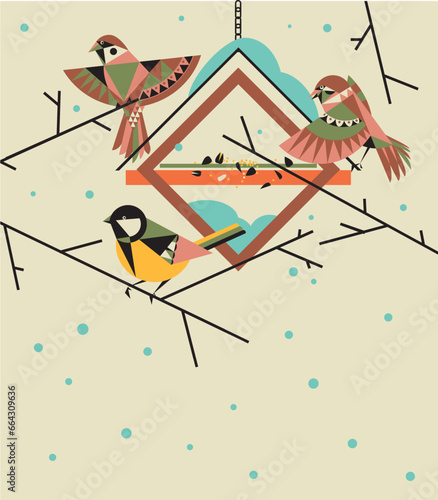 sparrows and tits near the feeder, winter