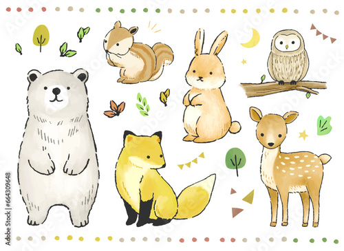 手描きのかわいい動物と植物のイラストセット
