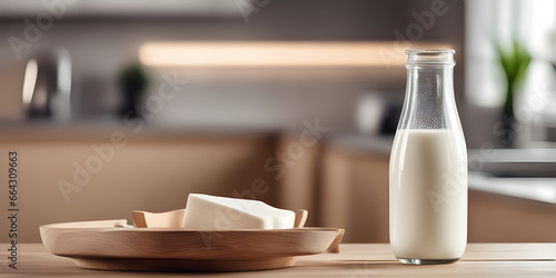 Wooden tabletop counter with Bottle and glass of tasty milk. in front of bright out of focus kitchen. copy space