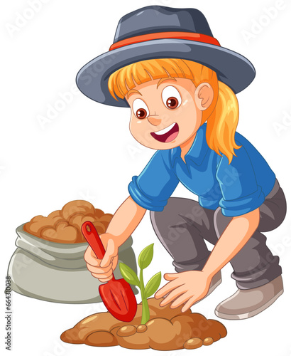 Farmer planting small plant on the ground isolated