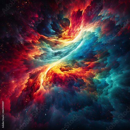A colorful abstract cosmic nebula with vibrant colors and swirling patterns Illustration