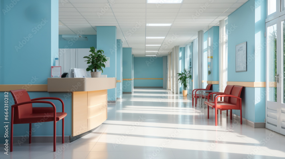 Fototapeta premium Minimalist Hospital hallway,bright reception waiting room clinic lobby, clean hospital reception with the chair, living room interior. Illustration