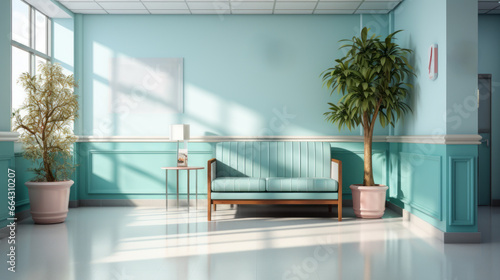Minimalist Hospital hallway,bright reception waiting room clinic lobby, clean hospital reception with the chair, living room interior. Illustration photo