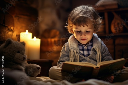 Cute little boy smiling and reading book at home. Portrait of activity child novel. Generate ai