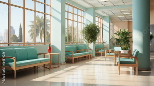 Minimalist Hospital hallway,bright reception waiting room clinic lobby, clean hospital reception with the chair, living room interior. Illustration © ND STOCK