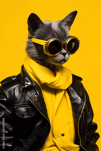 cool cat with black leather jacket, fashionable clothes and wearing sunglasses. Simple animal creative concept isolated on bright yellow background. © idcreative.ddid