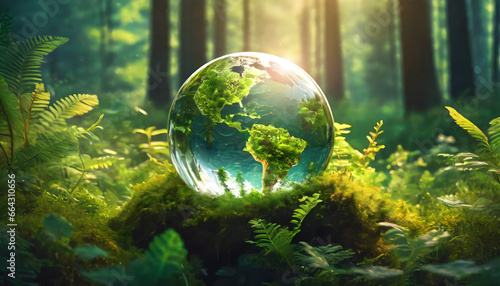 Glass globe world map encircled by verdant forest flora, symbolizing nature, environment, ESG, green energy sustainable industry, Circular economy and renewable energy, Climate change awareness. photo