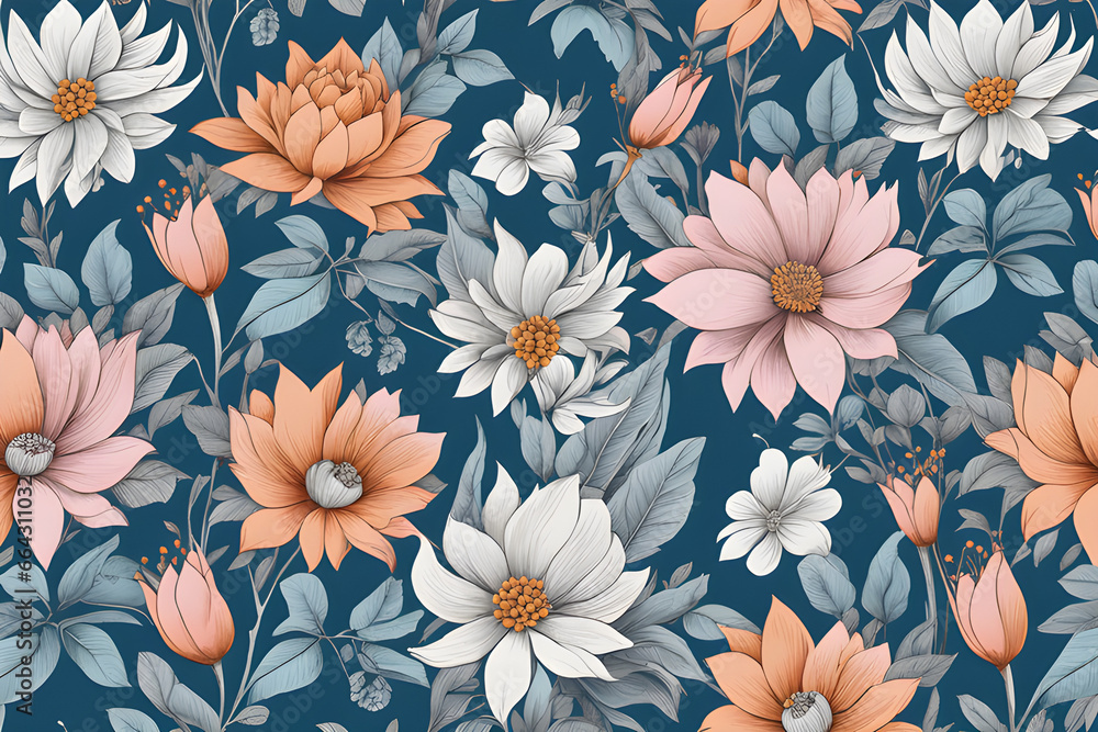botanical garden pastel color floral print pattern/generative AI/background/se - obrazy, fototapety, plakaty 