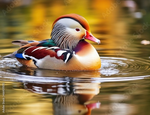 Closeup of mandarin duck swimming in lake. photo