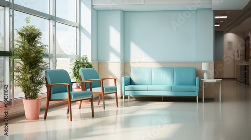 Minimalist Hospital hallway bright reception waiting room clinic lobby  clean hospital reception with the chair  living room interior. Illustration