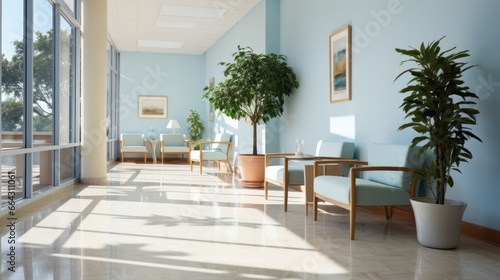 Minimalist Hospital hallway bright reception waiting room clinic lobby  clean hospital reception with the chair  living room interior. Illustration