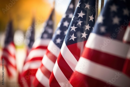 Closeup of an American flag in a row.