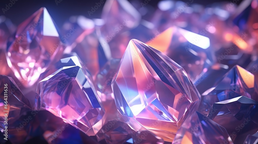 A 3D rendered image showcasing an abstract crystal background with an iridescent texture. This panoramic macro view presents a faceted gem, forming a wide and polygonal wallpaper for various design ap