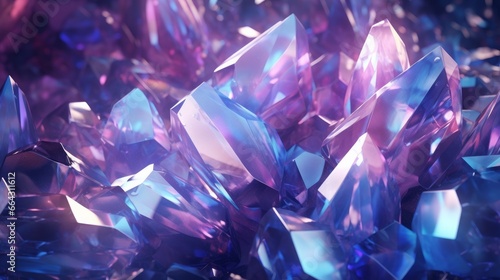 A 3D rendered image showcasing an abstract crystal background with an iridescent texture. This panoramic macro view presents a faceted gem, forming a wide and polygonal wallpaper for various design ap