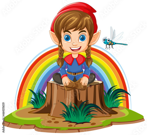 Dwarf cartoon sitting on three stump in fantasy world
