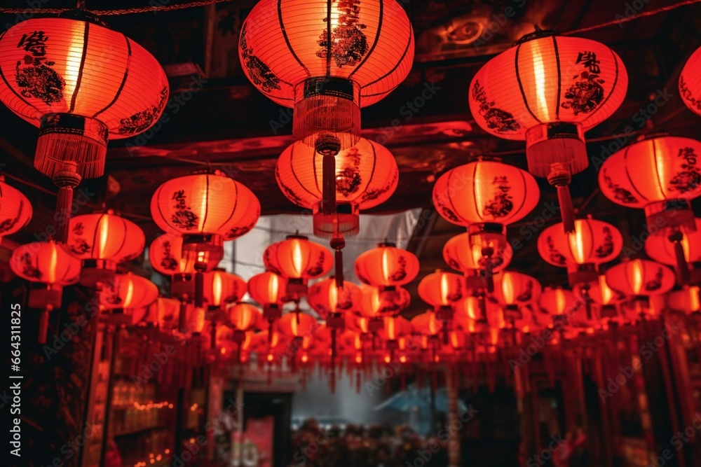 Fototapeta premium Red lanterns illuminate the night during Chinese New Year. Generative AI