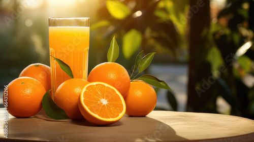 Orange juice in a glass on a table against the background of a summer sun garden