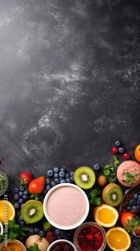 Textured background surrounded by delicious smoothies from top view, background image, vertical format, generative AI