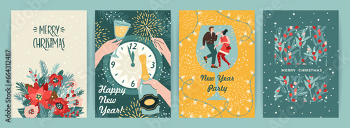 Christmas and Happy New Year illustration for cards and other use. Trendy retro style. Vector designs