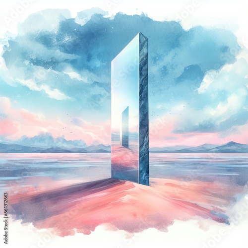 Watercolor Mirror monolith standing in the desert, light blue and pink sky