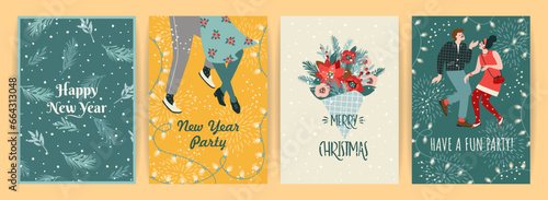Christmas and Happy New Year illustration for cards and other use. Trendy retro style. Vector designs