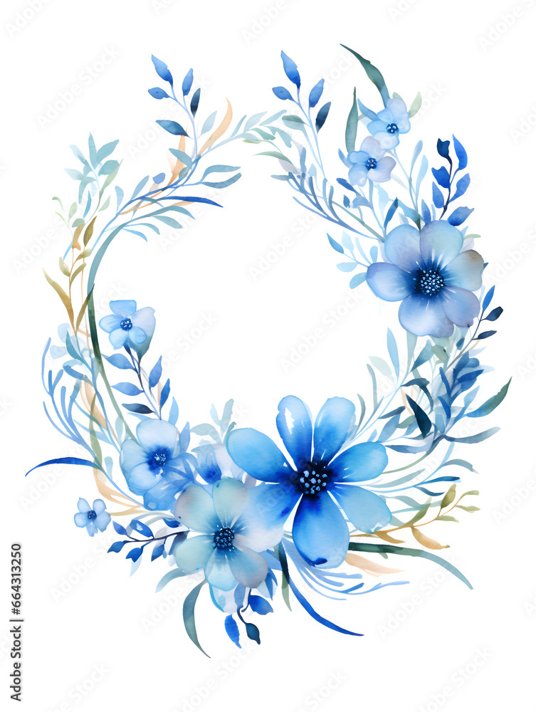 Watercolor wreath with blue flowers on white background with copy space inside 