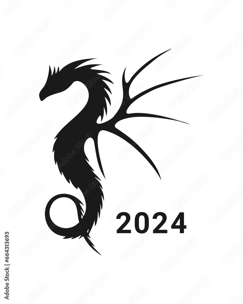 Fototapeta premium 2024 Year of the Dragon, hand drawn dragon silhouette in black color, isolated, white background.