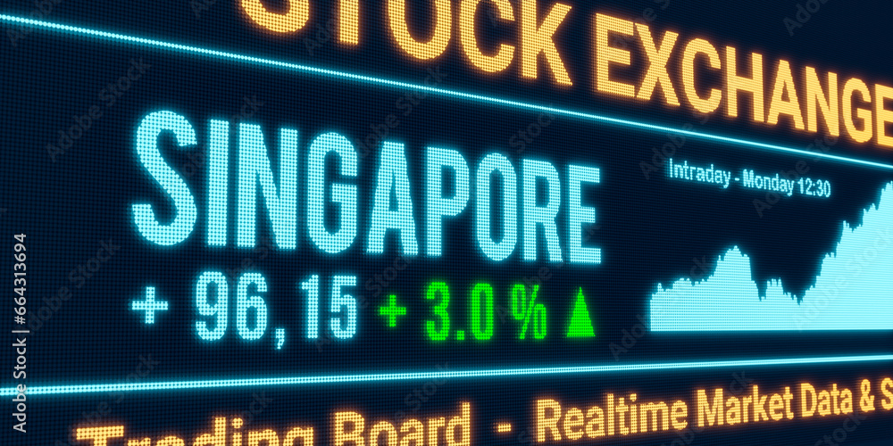 Singapore, stock market moving up. Positive stock exchange data, rising chart on the screen. Green percentage sign, profit and investment. 3D illustration