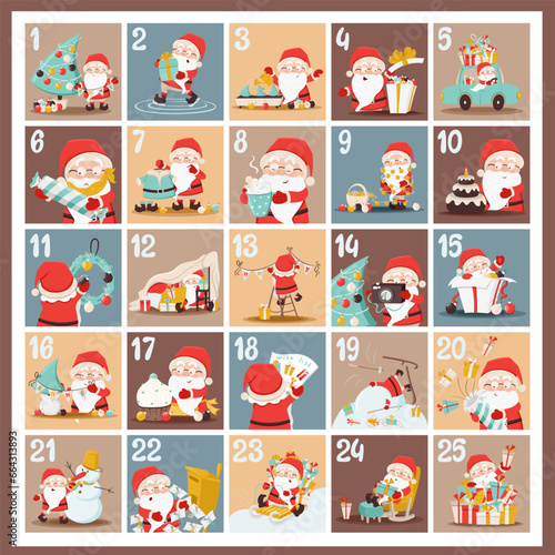 Cute advent calendar with Santa Claus, gift boxes, new year tree, presents, snow. Countdown till 25. Christmas, New Year coloured vector illustration. Collection of Santa in cartoon style. Humour