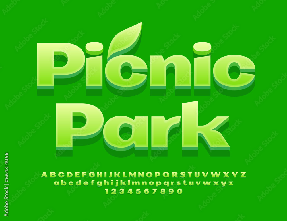 Vector green banner Picnic Park. Modern 3D Font. Bright Alphabet Letters and Numbers set Vector green banner Picnic Park. Modern 3D Font. Bright Alphabet Letters and Numbers set
