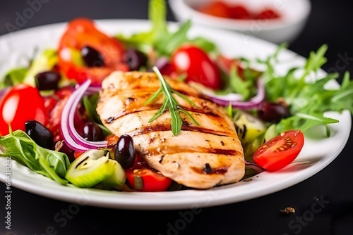 Grilled chicken breast with tomatoes  red pepper  organic green and kalamata olives.