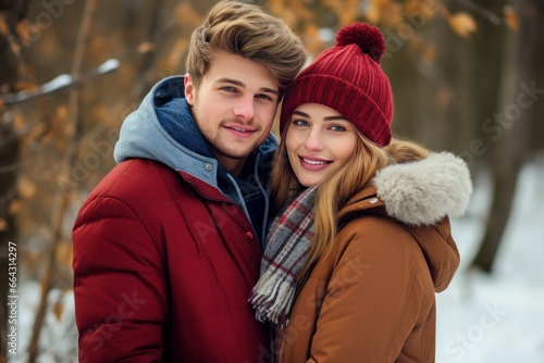 Cute young couple in warm clothes outdoors. Woman fashion person nature affection. Generate Ai