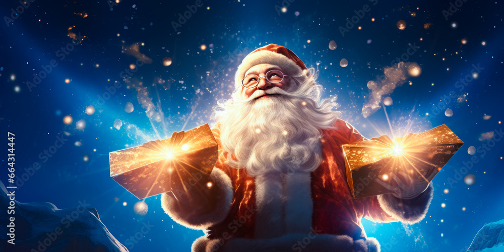 illustration of Santa Clause who flying in clouds with present. Christmas fairytale. Christmas time illustration of Santa Clause who flying in clouds with present. Christmas fairytale. Christmas time
