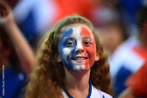 A teenage girl with the French flag painted on her face cheers for the French team at the stadium during the 2024 Summer Olympics in Paris