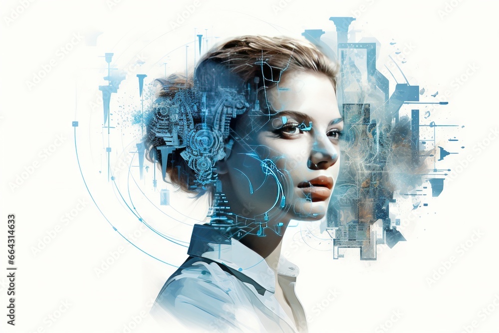 Un mélange futuriste de science, de technologie et de femme. Futur concept d’intelligence artificielle. IA générative, IA - obrazy, fototapety, plakaty 
