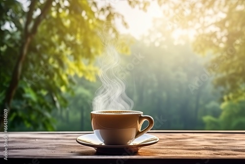 Hot coffee with smoke in the morning under blue sky.