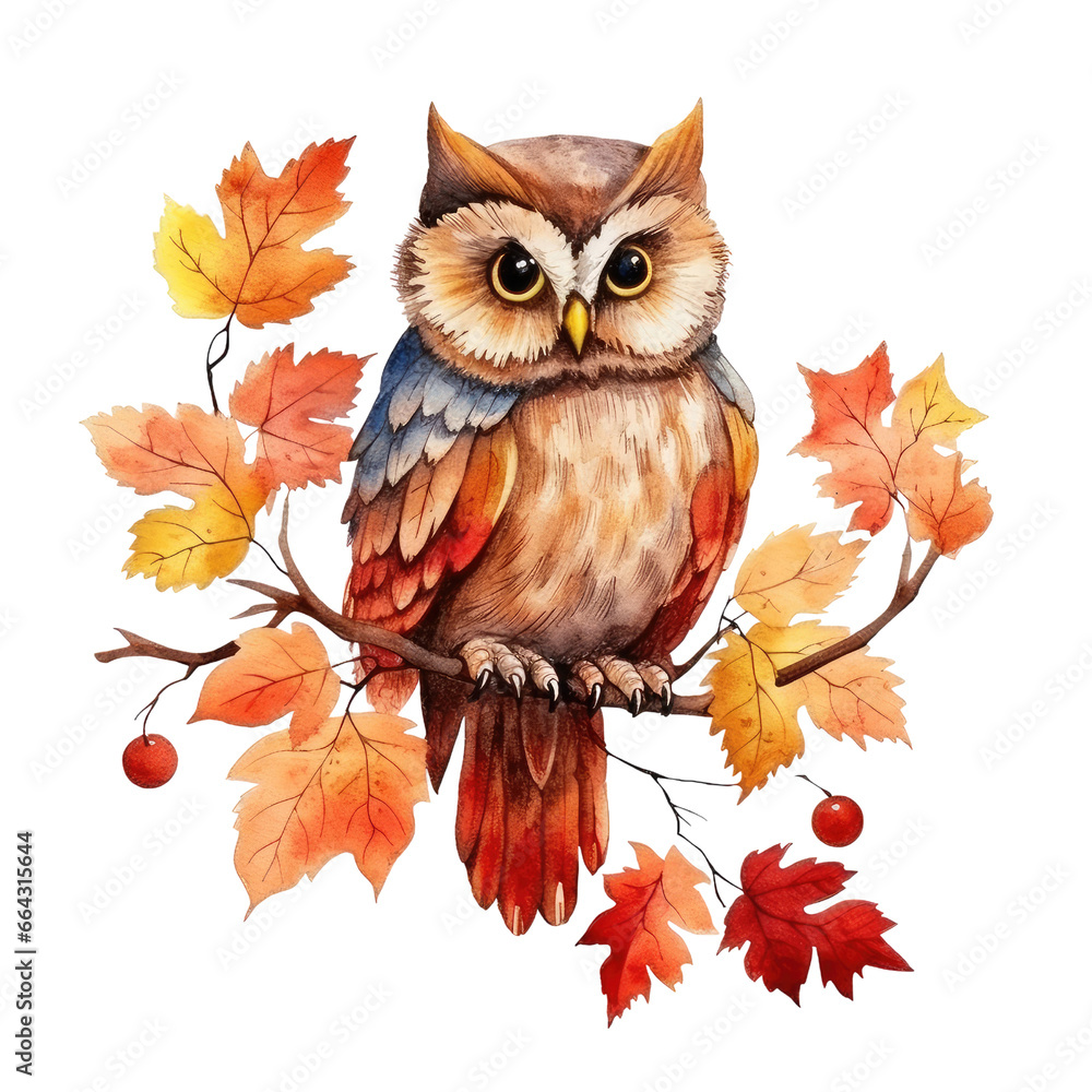 Obraz premium Watercolor autumn cute owl clipart