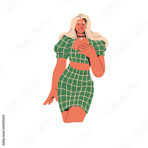 Lovely coquette walking, bit her lip. Young woman in plaid skirt costume flirt. Sexual beauty is tempting, alluring. Gorgeous girl with graceful appearance. Flat isolated vector illustration on white