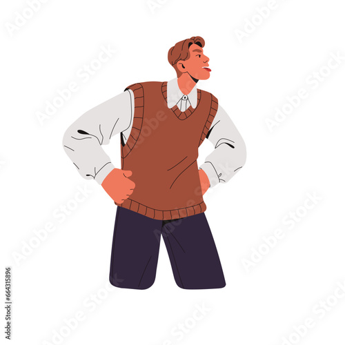Fooling man show tongue in quarrel. Hooligan grimace, standing in pose: hands on his hips. Facial expression, bad emotion. Communication problems. Flat isolated vector illustration on white background