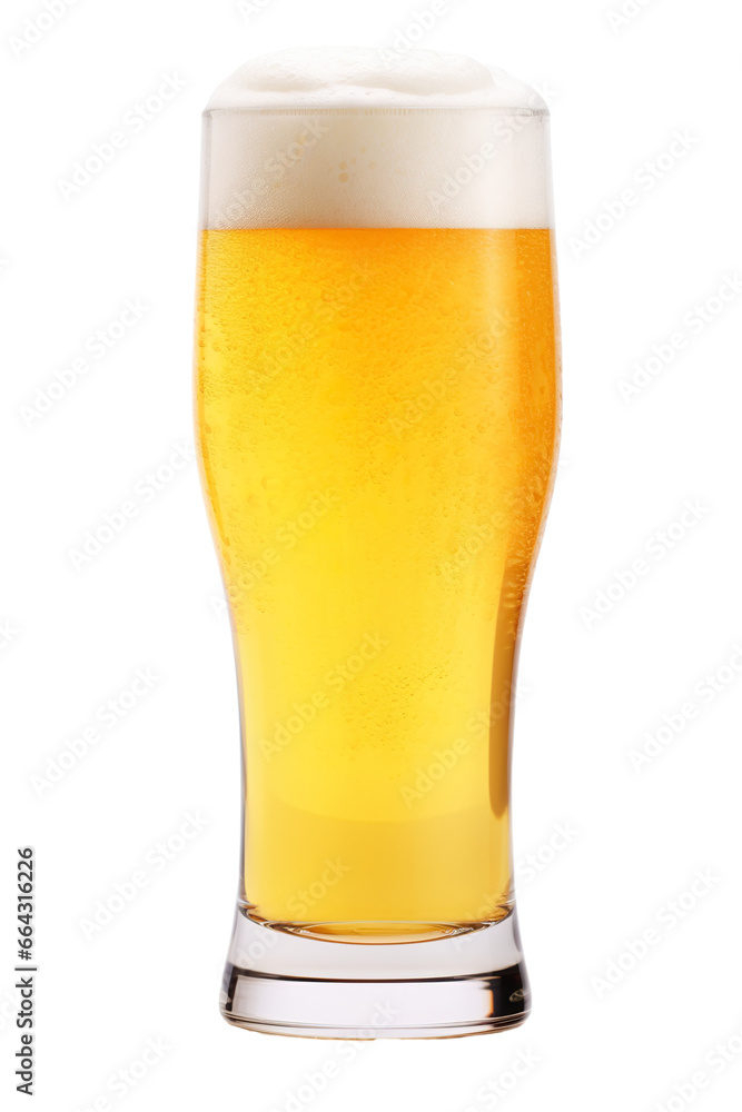 Close up of frothy golden beer in glass photo-realistic, commercial imagery, isolated white background Close up of frothy golden beer in glass photo-realistic, commercial imagery, isolated white background