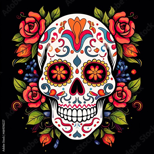Mexican roses skull. Mexican roses skull. Dia de los muertos shugar colorful head.