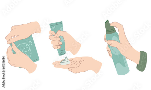Cosmetic procedures. Hands squeeze out cream, hands open facial mask, hands squeeze out hair foam. Vector illustration in cartoon style.