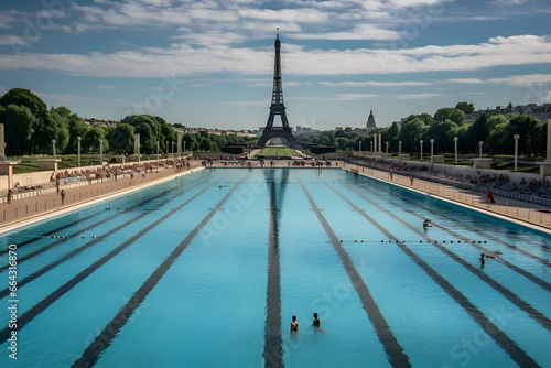 A fictional Olympic swimming pool with the Eiffel Tower in the background. Concept of the Paris 2024 Olympic Games photo