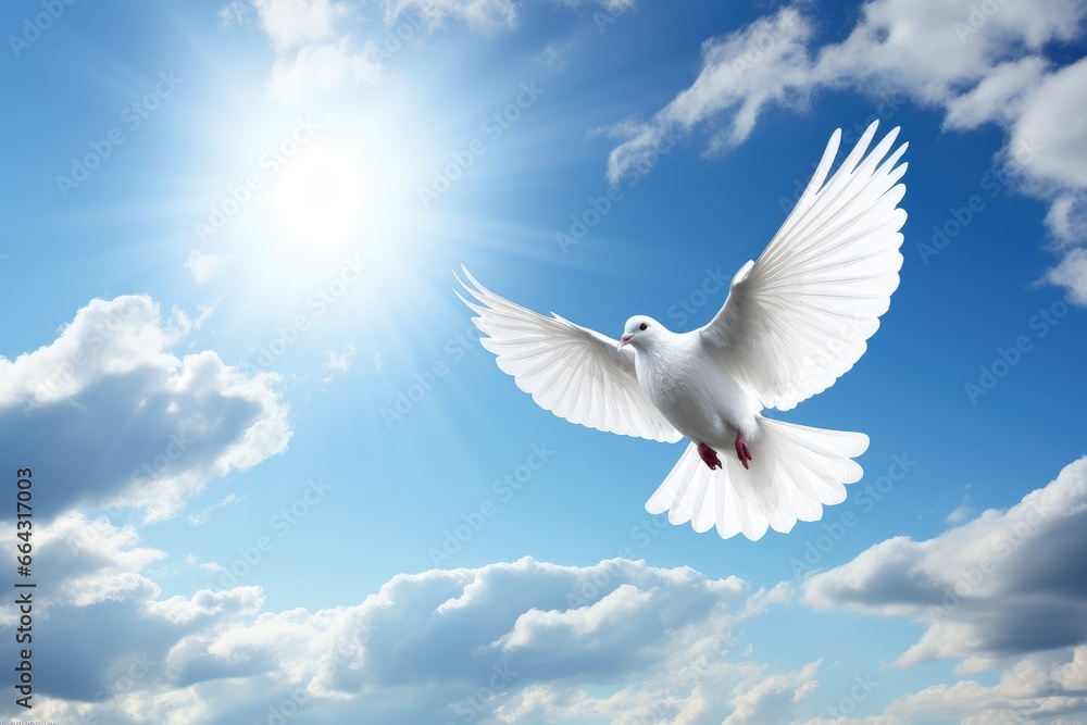 Fototapeta premium a white dove flying over the sun in a cloudy sky, in the religious style. Generative AI