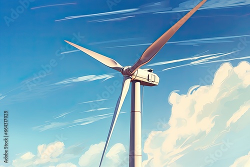 clean and sustainable energy, image of wind turbine under blue sky. Generative AI