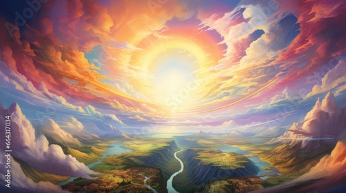 landscape of a spiritual and religious style filled with hope, beautiful landscape under a colorful sky. Generative AI