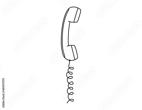 Hand drawn cute outline illustration of retro phone handset. Flat vector old telephone with dial sticker in simple line art doodle style. Call device line icon or print. Isolated on white background.
