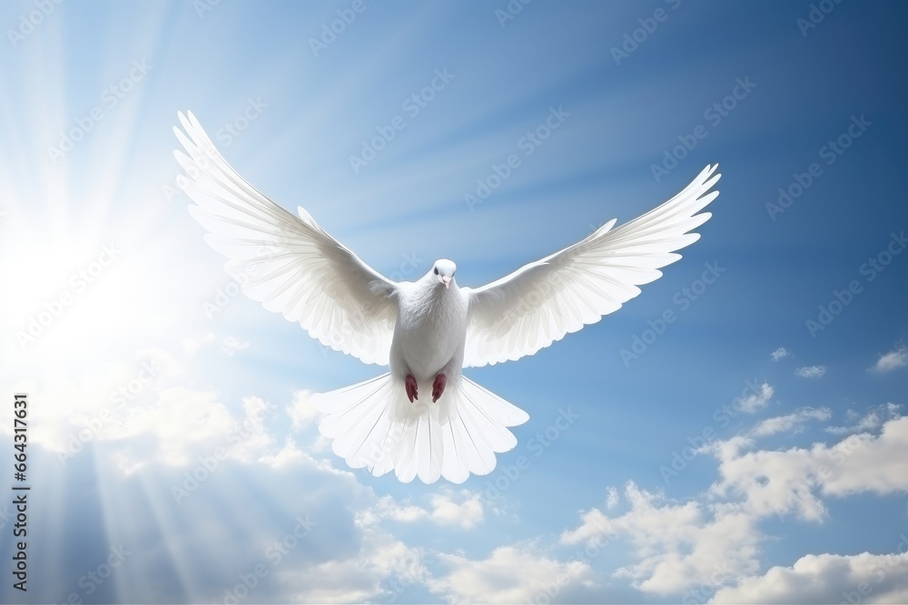Obraz premium a white dove flying over the sun in a cloudy sky, in the religious style. Generative AI
