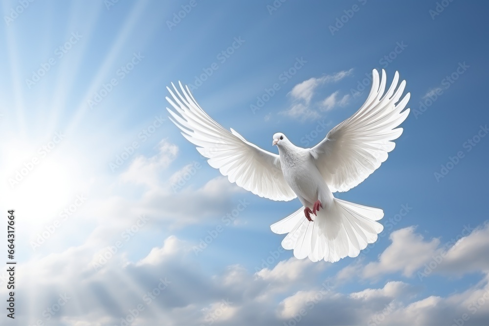 Fototapeta premium a white dove flying over the sun in a cloudy sky, in the religious style. Generative AI
